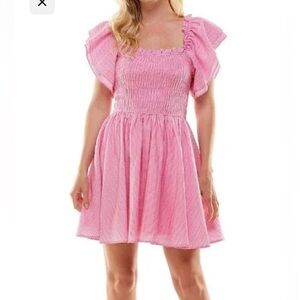 TCEC Pink & white stripe ruffle shoulder mini dress